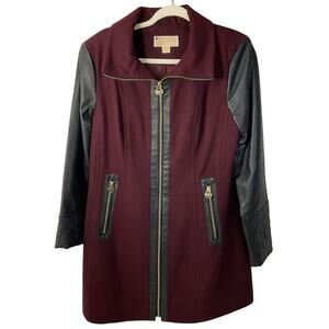 Michael Kors Moto Wool Coat Burgundy Maroon Black Leather Sleeves Size 12